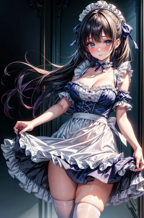 Arafed image of a beautiful girl dressed as a maid and white stockings posing for a photograph, anime girl, royal blue maid uniform with miniskirt and ruffles, short sleeves, choker with a blue bow, white apron, low-cut chest, large round breasts, colored ...