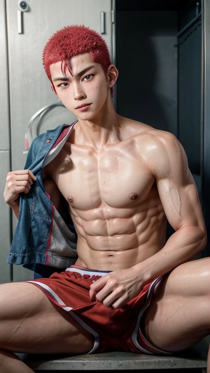 Japanese men、12 years old、Basketball Man、Muscles and smooth skin、Red shaved head、Relaxed and friendly smile、blue and yellow boxer briefs、The whole body is visible from toes to head、Changing clothes in the locker room