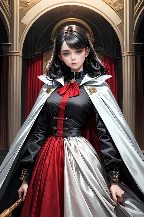 
masterpiece, 最high quality, high quality, 1 girl, alone, Female focus, Watching the audience,  Messy black hair, Adorable big blue eyes, White, Noble, Noble,A sexy, voluminous, puffy cape、tuxedo、A very voluminous, large, very large, very large, long, long...