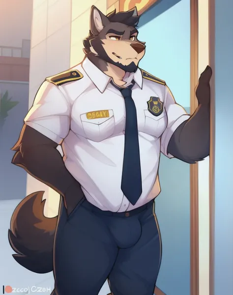 Drawn by bigcozyorca , fat wolf masculine cute body wearing a security guard uniform patrolling an building alone by himself, grumpy guy, beard, fat masculine, furry wolf dude, security guard, black necktie, big, facial hair, smooth drawing, clean art, by ...