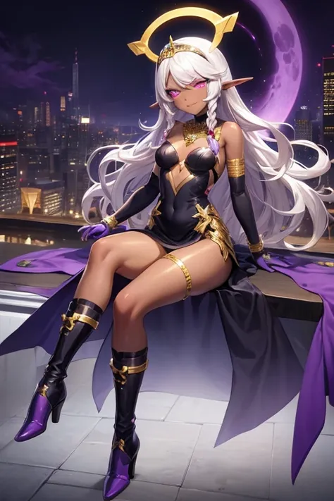 ((best quality)), ((masterpiece)), (detailed), 1 girl, full body, 20s, very dark skin, dark elf, african american, flirty face, young adult, evil smile, purple eyes, moons in eyes, black sclera, white hair, somewhat wavy hair, long hair, bangs, blushing, m...