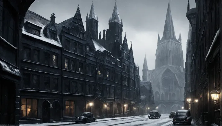 ((Best quality)), ((masterpiece)), (detailed), Заснеженный city, dark fantasy, Dark atmosphere, Gothic, Gothic style, city, большой city, metropolis, snow, snowопад.