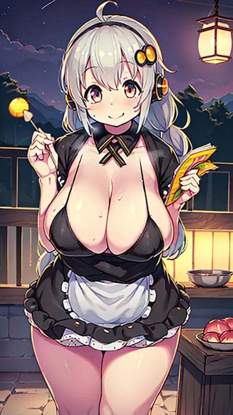 In a quaint Japan neighborhood, Among the many stalls, Bustling and bustling stalls catch the eye of passers-by、Plump 50-year-old mature woman, Show cleavage, Wearing an old apron、Wear old cloth gloves、tanaka, Everyones mother, Energetic Octopus Ball Bende...