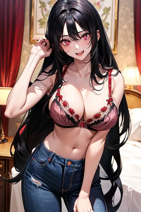 Very detailed、highest quality、Best image quality、masterpiece、8k、Anime Face、A kind smile、Open Mouth、((black long hair:1.5))、huge breast, sexy、 beautiful body 、Cowboy Shot, Sexual Intercourse, ((pink eyes)), hotel bedroom, ((( Jeans))), ((((red bra))))