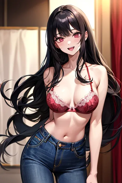 Very detailed、highest quality、Best image quality、masterpiece、8k、Anime Face、A kind smile、Open Mouth、((black long hair:1.5))、huge breast, sexy、 beautiful body 、Cowboy Shot, Sexual Intercourse, ((pink eyes)), hotel bedroom, ((( Jeans))), ((((red bra))))