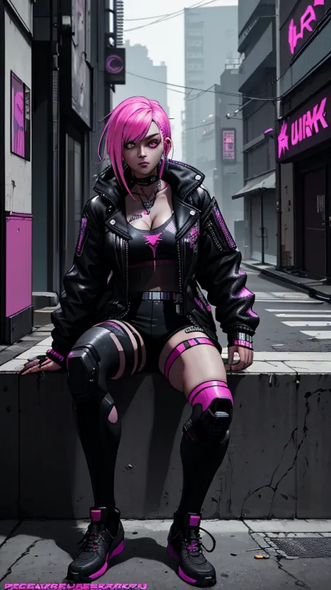 A woman in a pink bikini and a black jacket is sitting on the street, Cyberpunk art style, Cyberpunk 20. Model Girl, hyper-realistic Cyberpunk Style, Cyberpunk atmosphere, Cyberpunk Style ， Surreal, Cyberpunk beautiful girl, Cyberpunk art ultrarealistic 8k...