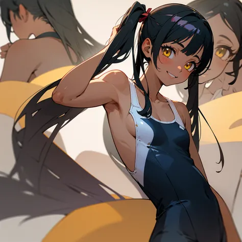 ((best quality)), ((masterpiece)), (detailed), perfect face 1girl, alone, long hair, smiling, black hair, ribbon, pigtails, swimsuit, hair ribbon, yellow eyes, dark skin, flat chest, double sided up, one-piece swimsuit, school swimsuit, tan, white one-piec...