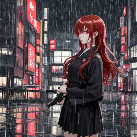 woman, 1 person, long red hair, red eyes, Wearing a black Japanese school uniform, Tokyo city center view, in hand holding gun, night time, rain, best quality