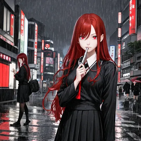 woman, 1 person, long red hair, red eyes, Wearing a black Japanese school uniform, Tokyo city center view, in hand holding gun, night time, rain, best quality