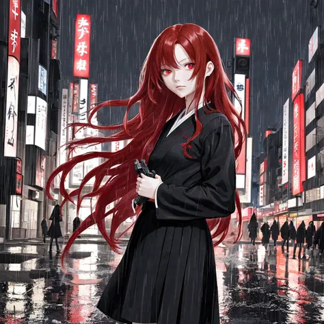 woman, 1 person, long red hair, red eyes, Wearing a black Japanese school uniform, Tokyo city center view, in hand holding gun, night time, rain, best quality