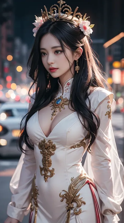 Portrait of a women saint of 28 years old, Saint with a beautiful and super cute face,Wearing a very thin and sexy Ao Dai, Beautiful cute face, There is a deep slit in the chest、Black and white lace trim attractive Ao Dai, Beautiful face without blemish, L...