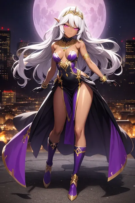 ((best quality)), ((masterpiece)), (detailed), 1 girl, full body, 20s, very dark skin, dark elf, african american, flirty face, young adult, evil smile, purple eyes, moons in eyes, black sclera, white hair, somewhat wavy hair, long hair, bangs, blushing, m...