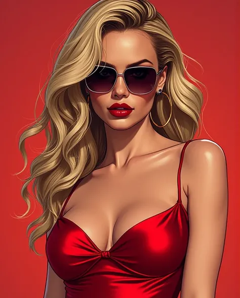 a close up of a woman in a luxury red dress and sunglasses, vector art by Mark Brooks, Artstation, digital art, art gta 5 comics, style of gta v artworks, comics gta 5 cover, comic digital art, art gta 5 cover, margot robbie in gta v, gta v art, gta v load...