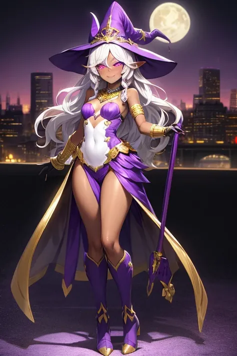 ((best quality)), ((masterpiece)), (detailed), 1 girl, full body, 20s, very dark skin, dark elf, african american, flirty face, young adult, evil smile, purple eyes, moons in eyes, black sclera, white hair, somewhat wavy hair, long hair, bangs, blushing, m...