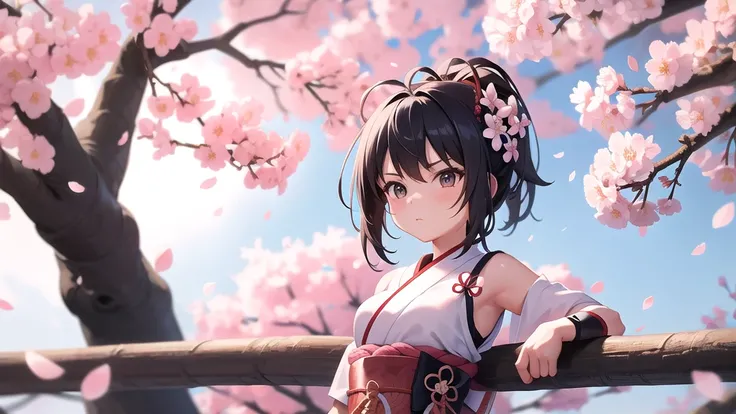 Cute samurai girl with sword, Cherry blossom tree in the background