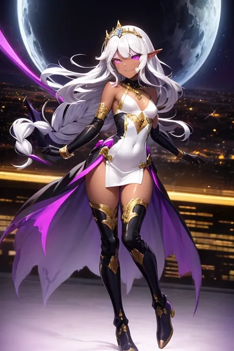 ((best quality)), ((masterpiece)), (detailed), 1 girl, full body, 20s, very dark skin, dark elf, african american, flirty face, young adult, evil smile, purple eyes, moons in eyes, black sclera, white hair, somewhat wavy hair, long hair, bangs, blushing, m...