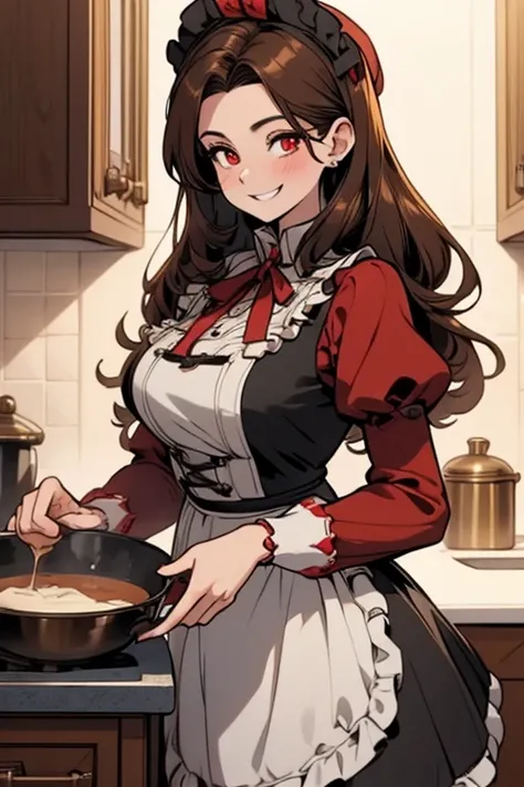 Perfect face. Perfect hands. A brown haired woman with red eyes and an hourglass figure in a Lolita maid dress is baking cookies in a fancy kitchen with a big smile