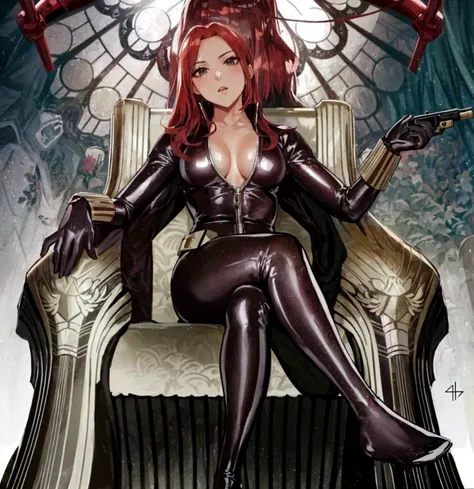 The image depicts a red-haired girl sitting on a throne. She sports a sleek skin-tight shiny black latex bodysuit with a deep-cut zipper neckline revealing a large chest, the silver zipper running down the front. The suit is complemented by her golden wris...