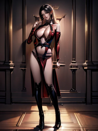 masterpiece, (Realistic:1.5), Highest quality, Beautiful lighting, Real Life, boa hancock, (only solo people ), 2 or more people NG, (perfect anatomy) , red bondage suit, Holding a black whip, Wearing high heels, beautiful ,  large breasts , Cleavage, Slim...