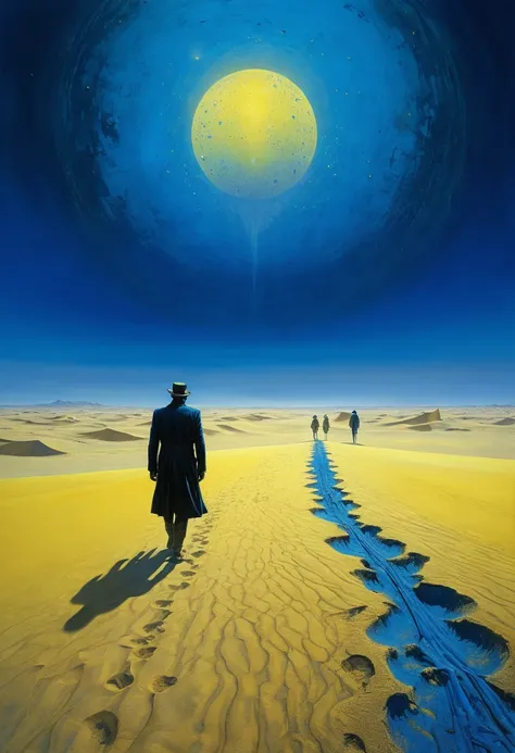 Steampunk dude joining on his dream, exploiting a new world coming into his eyes, walking on a desert of yellow sand, ornaments, horror movie scene, dark blue and light yellow, blue and yellow, royal blue and golden yellow, 4D, 8K, photorealistic, dreamlik...