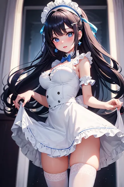 Arafed image of a beautiful girl dressed as a maid and white stockings, anime girl, royal blue maid uniform with miniskirt and ruffles, short sleeves, choker with a blue bow, white apron, low-cut chest, large round breasts, colored inner hair, dark brown h...