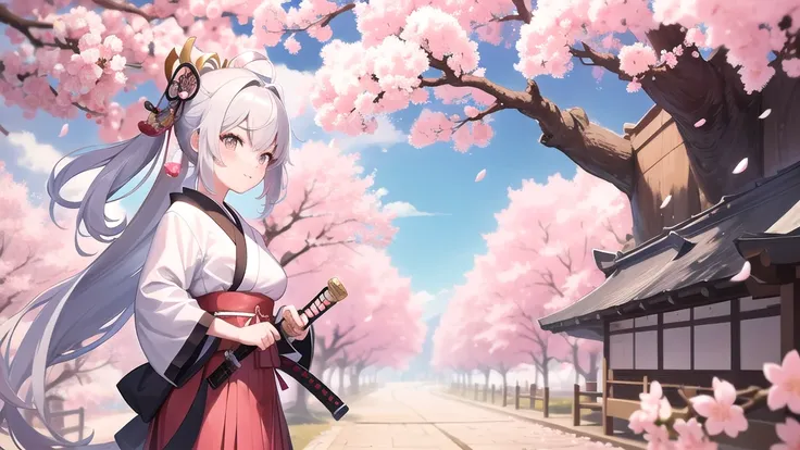 Cute samurai girl with sword, Cherry blossom tree in the background