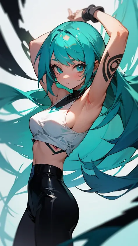 Turquoise hair anime girl with tattoo 