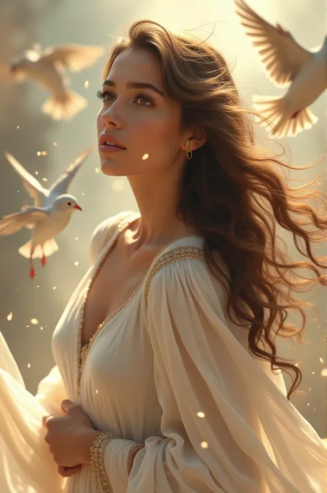 beautiful detailed woman, arabian moroccan woman, detailed brown eyes, detailed brown hair, woman in heaven , woman wearing flowing white dress, surrounded by birds, (best quality,4k,8k,highres,masterpiece:1.2),ultra-detailed,(realistic,photorealistic,phot...