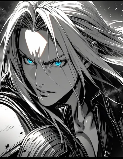 Ultra detailed, Highres, absurdres, HDR, Sephiroth,  silver hair, Final Fantasy VII Remake, handsome, 1 man only, very detailed face and eyes, 　manga , monochrome , fighting stance