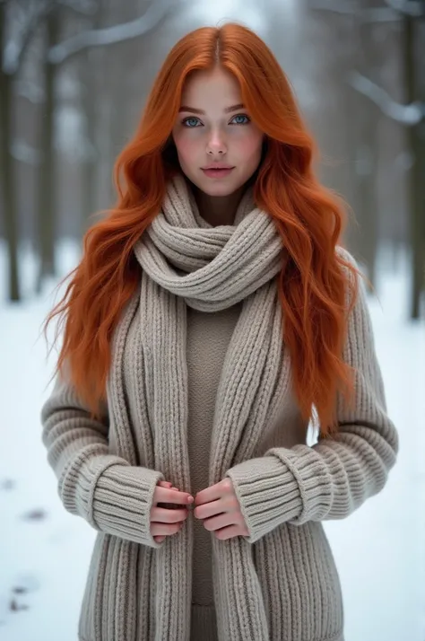 ultra realistic, photography, long red hair, girl, 24 years old, hourglass figure, perfect body, Flirty look, extremely detailed artgerm, in the style artgerm, natural medium breasts, facing the camera, lens 35 mm, blur background, Winters，snow landscape，B...