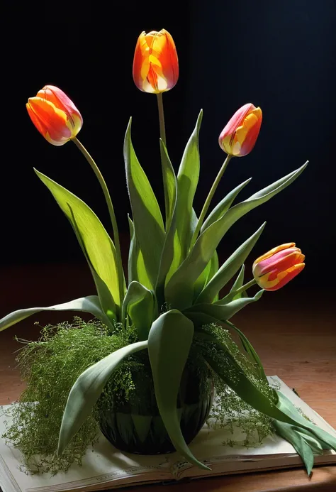 Tulip, by Elsa Beskow, cinematic still, chiaroscuro, dynamic, surreal, (best quality, masterpiece, photorealistic), very aesthetic, perfect composition, intricate details, ultra-detailed, vivid colors