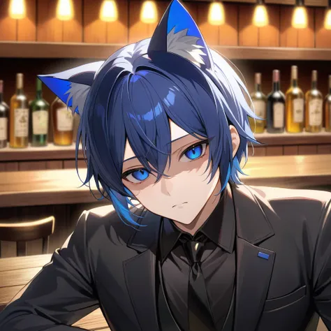 1man, solo, blue bob hair, cat ears, close-up, shaded face, (clothes:2.0), black  waither suit, long black pants, shorts, expressionless, relaxing, , empty eyes, tavern background, look audience,