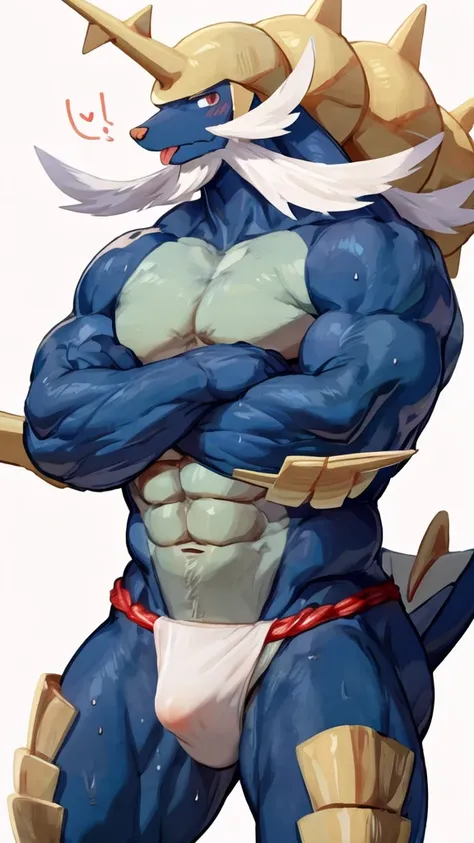 source_anime,((anthro)),sweaty,(((furry))),((male)),(adult), detailed eyes,(((solo))),athletic,((high saturation)),sexually, sexy pose, ((Samurott)), (bulge, transparent, fundoshi, detailed bulge:1.3), weat, sweaty, musk, blush, blush lines, breath, pantin...