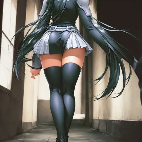 Lenalee, with her long, beautiful legs and twin tails, is walking down a dimly lit hallway in a miniskirt uniform and knee socks.。Angle seen from behind and far away。