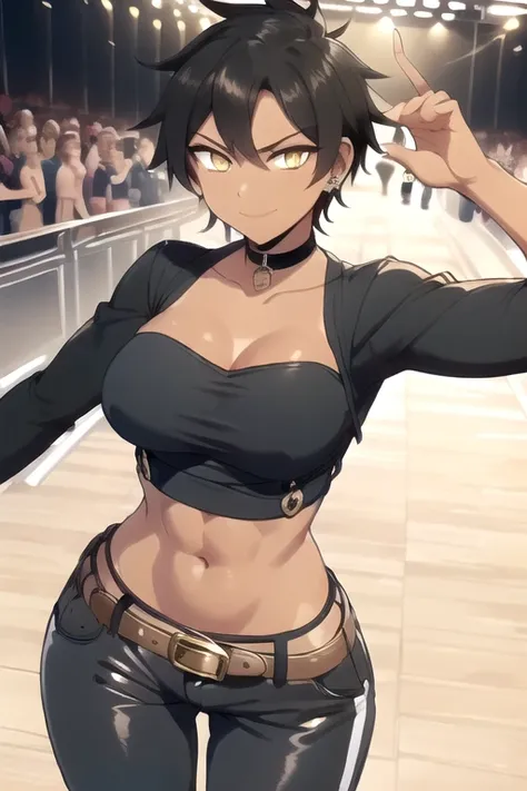 ((best quality)),((highly detailed)),masterpiece,absurdres,detailed face,beautiful face,(detailed eyes, deep eyes),(1girl),((dynamic pose)), 1girl, solo, 26 years old, tomboy, (shiny skin), (midriff:1.2), (tan-bronze skin), (Yellow eyes), short brown hair,...