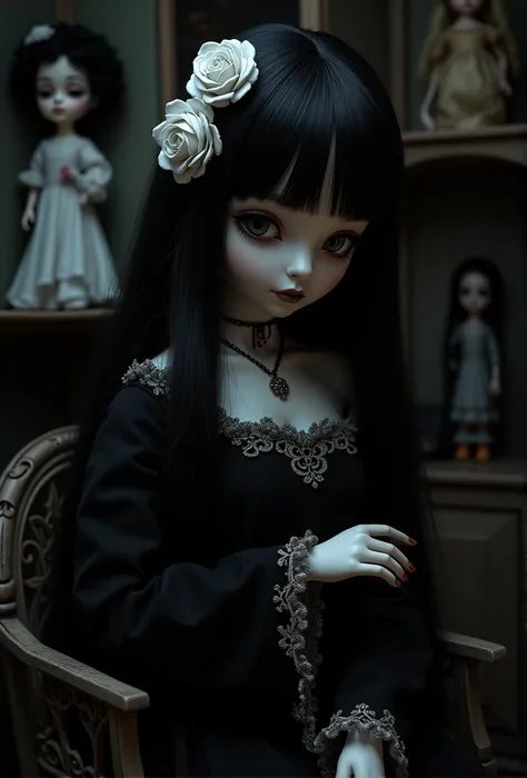 1porcelain doll, low twintails with white rose, black hair, detailed face, ((emotionless expression)), ((lifeless)), plain white skin, plain white eyes, long eyelashes, (gaze down), black eye liner, white face makeup, gray lipstick, black dress, (white orn...