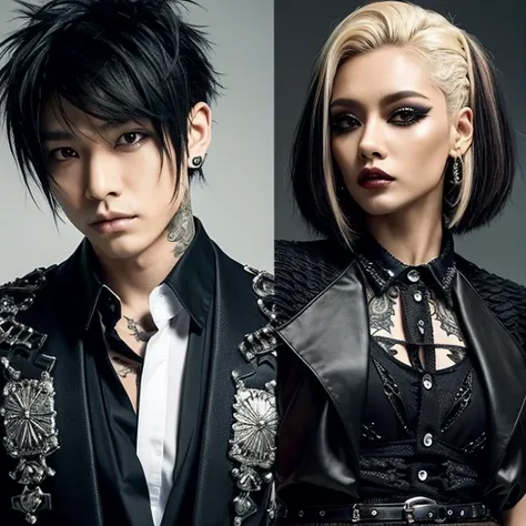 1 man, male, Japanese man, Visual Kai hairstyle, ultra detailed face and body, hyperrealistic, realistic representation, muscular, broad shoulders, tattoos gothic style, piercings, Visual Kei style, hairstyle Visual Kei, blond, long hair, 40 years old, age...