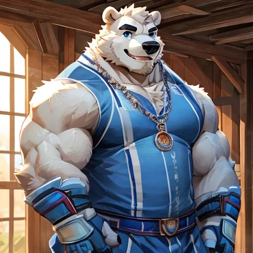 New Jersey 5 Furry，polar bear，portrait，standing solo，Exquisite，Thick muscular arms，Rugged muscles，White fluffy fur，Extremely muscular body ，Black eyebrows，Sky blue eyes，Beard，In the barracks，in the sun，Smile