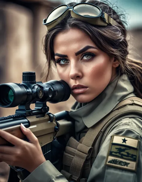 a woman with a sniper rifle, beautiful detailed eyes,beautiful detailed lips,extremely detailed eyes and face,longeyela shes, military uniform, holding sniper rifle, serious expression, intense focus, dramatic lighting, cinematic composition, muted color p...