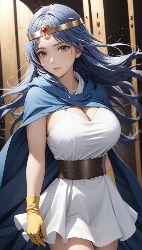 action shot of a long-haired girl in a blue cape and white dress from the dqsage movie, yellow gloves, blue hair, (close), drama...