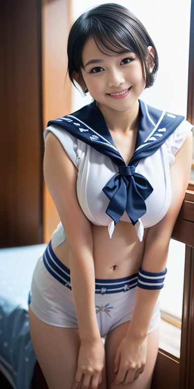 （8k、Raw photography、Highest quality、masterpiece：1.2),(Black-haired、Very short hair:1.8),(ponytail:1.3)、View your viewers,Front view,erotic,White skin,(The upper body is a light blue sailor suit:1.7)、()、(Clothes that accentuate the shape of the breasts:1.0)...