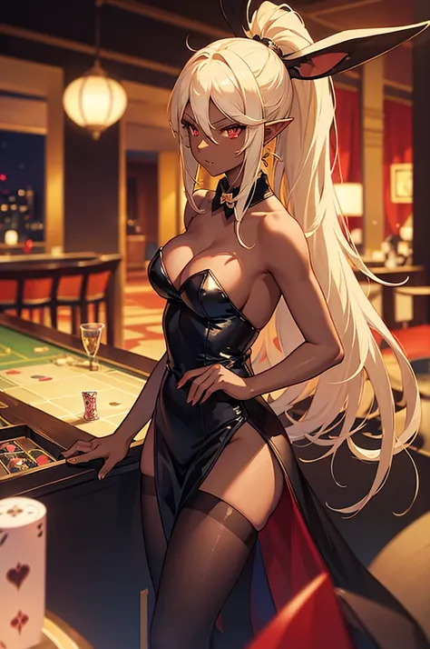 Beautiful images,Detailed Images,Official image,Casino Background,One Woman,Blonde,Red Eyes,Ponytail Hair,Model body type,(Dark Skin:1.3),Elf Ears,Large Breasts,(Black Bunny Girl Suit:1.3),