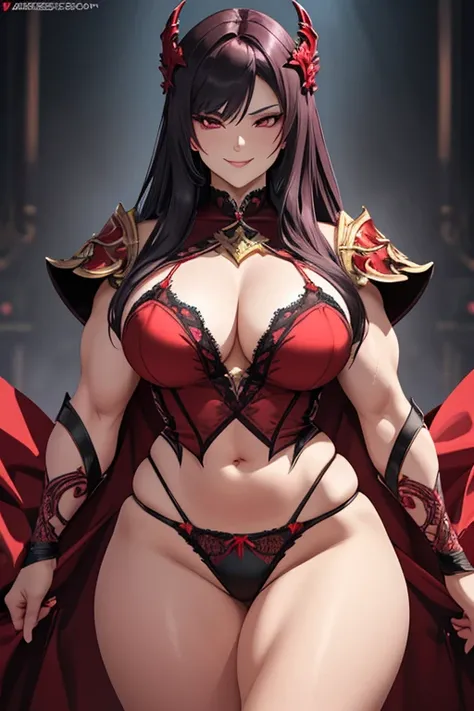 A beautiful evil lady leader with deep red eyes, wearing sexy panties, gazing condescendingly at the viewer with a cute grinning expression, extremely detailed and realistic, masterpiece quality, ultra-detailed, HDR, studio lighting, vivid colors, physical...