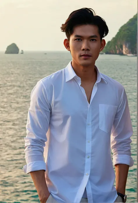 Thai men , Thai Page , Medium hairstyle , Wear a white long-sleeved shirt , background , sea