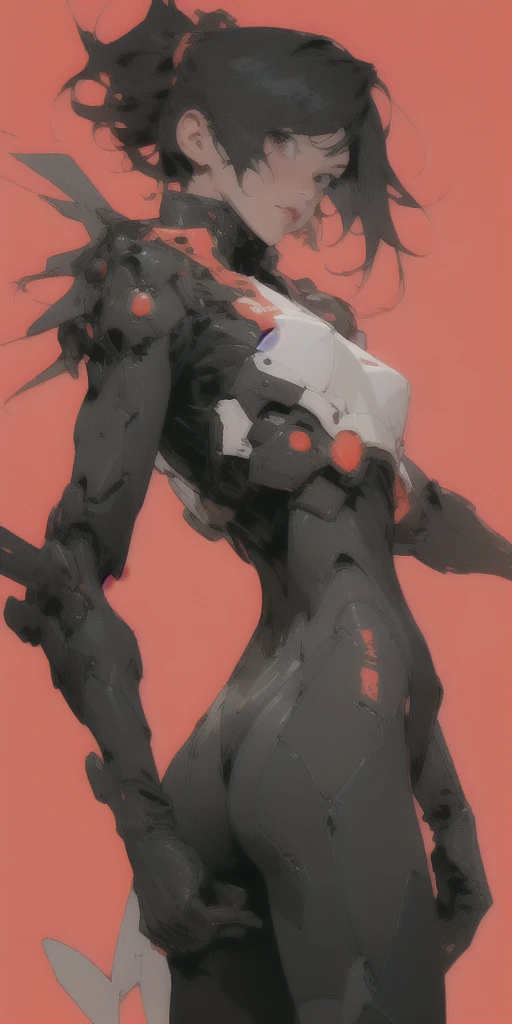 1girl,pureerosface_v1,black mecha suit, minimalism, bright red background, simple background, Fisheyes, masterpieces, top quality, best quality, official art, beautiful and aesthetic, animation, raise the butt,