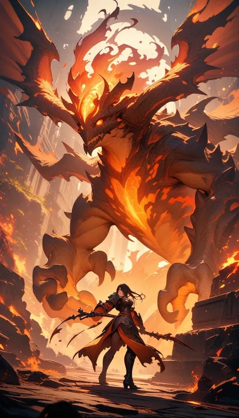 ((best quality)) , ((masterpiece)) , (detailed),Two League of Legends splash arts fighting in a dark fantasy style with a fire creature in the background. The palette features red and orange colors with translucency and textural effects.