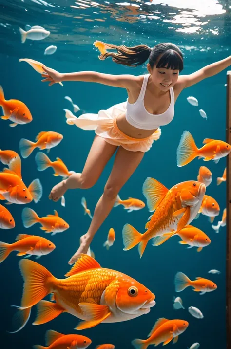 Girl floating with goldfish around, front position full body anime style