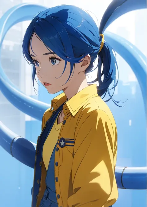 Female college students tie their hair in a bun、 and baby face、i am strong willed、blue hair、huge 、Yellow clothes、Denim hot pants，The background is solid light blue