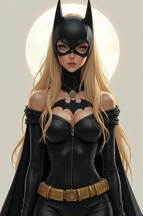 1 girl in, 20 year, standing alone, long hair, Colossal , looking ahead at viewer, hair blonde, hair blonde, bare shoulders, greeneyes, jewelery, all-body, a necklace, off the shoulders, Sweaters, realisitic, A sexy, big boobies,batgirl super heroes full c...