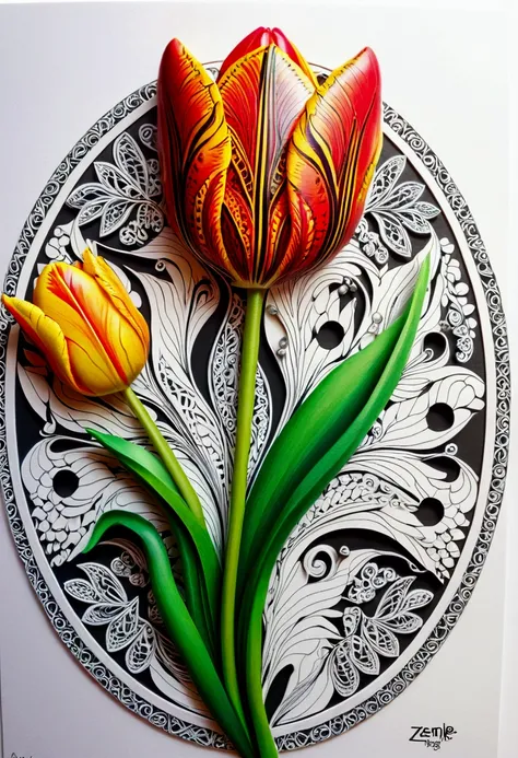 Tulip, zentagle, Zentangle, cinematic still, dynamic, surreal, (best quality, masterpiece, photorealistic), very aesthetic, perfect composition, intricate details, ultra-detailed, vivid colors